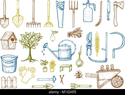 Set of gardening tools or items. hose reel, fork, spade, rake, hoe, trug, cart, lawnmower, elements collection. work equipment. shovel fence tree saw watering can ax. engraved hand drawn in old sketch Stock Vector