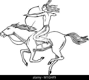 National American Indian riding horse with spear in hand. traditional man. engraved hand drawn in old sketch. Stock Vector
