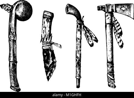 National American and Indian traditions. Mace and ceremonial pipe, Knife and Ax, chanunpa or tools and instruments. engraved hand drawn in old sketch. Stock Vector