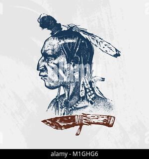 National American and native Indian traditions. Knife and Ax, tools and instruments. engraved hand drawn in old sketch. a man with feathers on his head. emblem or logo. Stock Vector