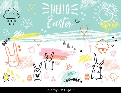 Easter card with bunnies, eggs, flowers, hand-drawn graphic design elements, vector illustration Stock Vector