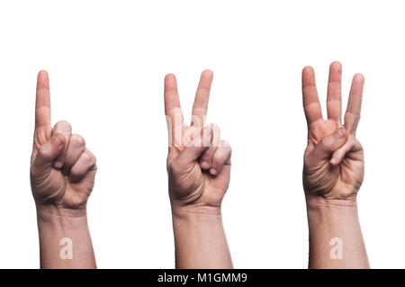 Hand mimic numbers one two and three isolated on white background Stock Photo