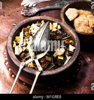 fruit tea leaf in a wooden bowl Stock Photo