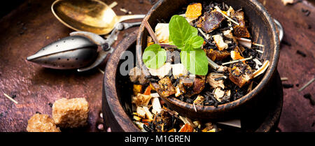 fruit tea leaf in a wooden bowl Stock Photo