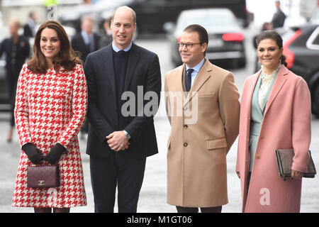The Duke and Duchess of Cambridge, accompanied by Crown Princess Victoria and Prince Daniel of Sweden, arrive at the Karolinska Institute in Stockholm to hear about Sweden's approach to managing mental health challenges. Stock Photo