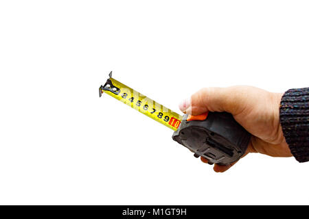 Measuring tool. Hand with a tape measure isolated on white background Stock Photo