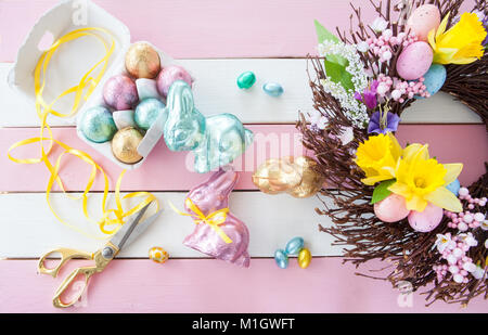 Colorful bunnies made from chocolate for easter Stock Photo