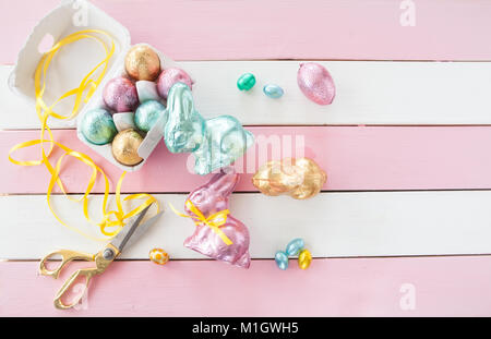 Colorful bunnies made from chocolate for easter Stock Photo