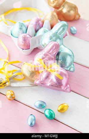 Colorful bunnies made from chocolate for easter Stock Photo