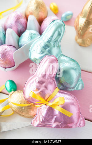 Colorful bunnies made from chocolate for easter Stock Photo
