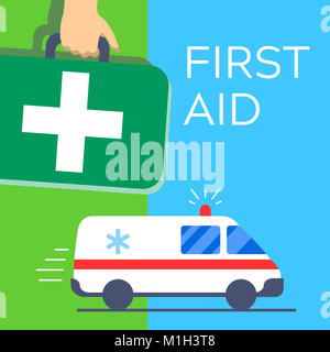 First aid kit bag carried in hand, green cross and ambulance car. Emergency medical service icon illustration Stock Photo