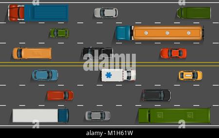 Vector vehicles on the highway illustration. Various detailed cars and trucks with top view. Road auto transport on grey asphalt background. Stock Vector