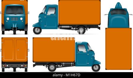 Three wheeler truck vector mock-up. Isolated template of delivery tricycle on white background. Side, front, back, top view. Vehicle branding mockup Stock Vector