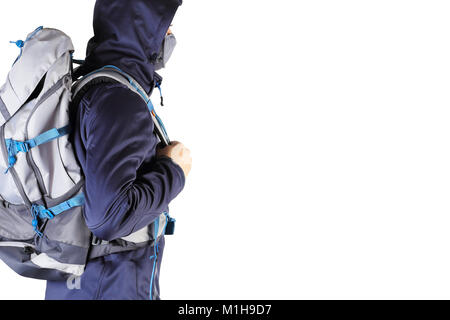 Tourist with backpack isolated on white background. Close-up of traveler looking ahead. Torist and travel background with copy space over white backdr Stock Photo