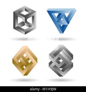 Impossible shape set. Vector 3d geometry surrealistic paradox undecided shapes isolated on white background Stock Vector