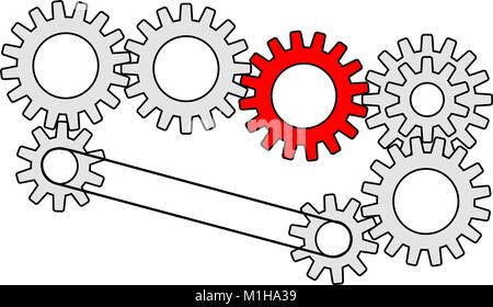 set of gearwheels with one gear colored red Stock Vector