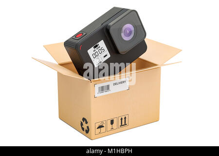 Digital camera inside cardboard box, delivery concept. 3D rendering ...