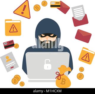 Hacker thief with notebook and bitcoin cryptocurrency. Web security. Cyber attack, using phishing sites and blackmail. Files, bag, alert, envelope, em Stock Vector