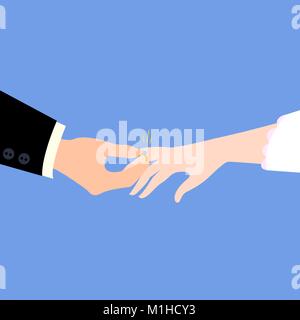 Man in suit puts beautiful engagement diamond ring on woman finger isolated on blue background. Two hands. Male and female. Banner with isolated hands Stock Vector