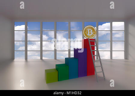 3d rendering of abstract growth bar chart blocks with bitcoin and laddar in room Stock Photo