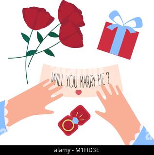 Woman received will you marry me note and engagement diamond ring in a box on valentine. Red roses, female hands, jewelry gift and letter on white bac Stock Vector