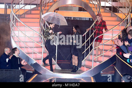 Emma Willis, Malika Haqq and Ashley James during a Celebrity Big Brother triple eviction. Stock Photo