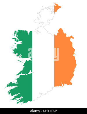 Republic of Ireland flag in country silhouette. Landmass and borders as outline, within the banner of the nation in colors green, white and orange. Stock Photo