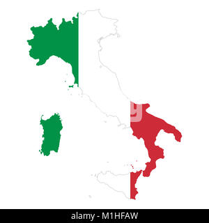 Italian Republic flag in country silhouette. Landmass and borders of Italy as outline, within the banner of the nation in colors green, white and red. Stock Photo