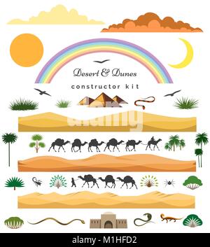 Desert game set. Vector cartoon desert scenery constructor kit with dunes and mountains, camels and cacti for games landscape Stock Vector