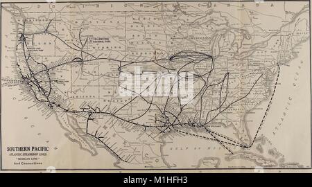 Black and white illustration of a map of the United States of America showing travel routes by land and sea, captioned 'Southern Pacific Atlantic Steamship Lines 'Morgan Line' and Connections' from the volume 'The California Expositions Opening on Time, ' authored by the Southern Pacific Company, 1915. Courtesy Internet Archive. () Stock Photo