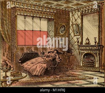 Color illustration depicting a woman in Victorian dress, reclining on a couch in a luxuriously decorated room in which four window panes have a red covering in order that she can 'bathe' in full red light, from the volume 'Blue and Red Light: or, Light and its rays as medicine, showing that light is the original and sole source of life, as it is the source of all the physical and vital forces in nature, and that light is nature's own and only remedy for disease .. together with a chapter on light in the vegetable kingdom, ' authored by S. (Seth) Pancoast, 1877. Courtesy Internet Archive. ()