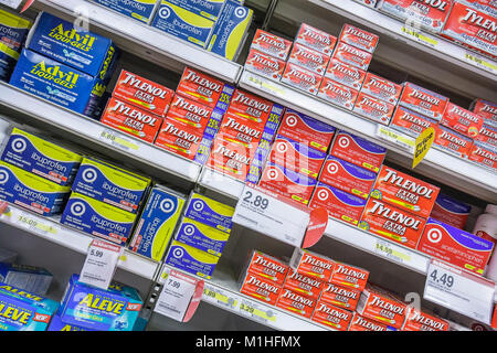 Miami Florida,Target Big-Box department store,Tylenol,headache,pain,pills,over the counter,OTC,Ibuprofen,retail products,display case sale,merchandise Stock Photo