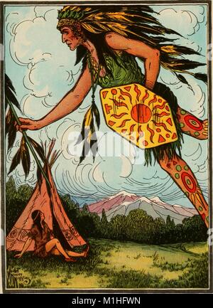 Color illustration, depicting a spirit brave appearing before a young boy, entitled 'The Next Day the Young Brave Appeared, ' from the story 'Mandowmin of the Maize, ' on page 58 of Violet Moore Higgens' book 'The Lost Giant and Other American Indian Tales Retold.', 1918. Courtesy Internet Archive. ()