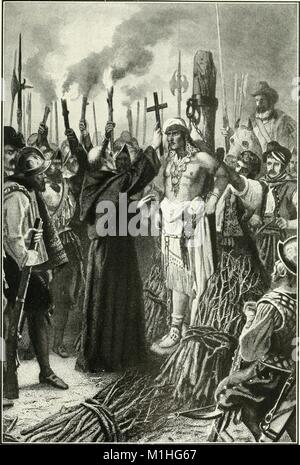 Black and white illustration, by artist Alonzo Chappell, depicting the Spanish soldier Pizarro about to burn the Incan Emperor Atahualpa at the stake, in which soldiers, a monk holding a cross, and a crowd of people, some holding burning stakes, surround a man chained to a pole, with bundles of branches at the base, from the volume ' The story of the greatest nations, a comprehensive history, extending from the earliest times to the present, founded on the most modern authorities, and including chronological summaries and pronouncing vocabularies for each nation, and the world's famous events,