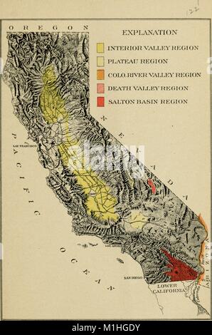 Relief map of California, USA, with shading to denote physical features, and color-coding to indicate regions where dates can be grown, from a series of 'Miscellaneous Papers' included in the U.S. Department of Agriculture's Bureau of Plant Industry, Bulletin 51, issued by the United States Bureau of Plant Industry, Soils, and Agricultural Engineering, 1825. () Stock Photo