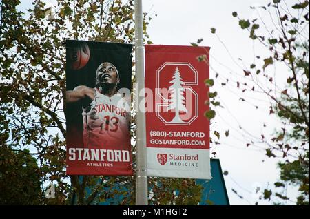 Banner for Stanford University athletics, on a lamp post near Stanford University in the Silicon Valley, Palo Alto, California, October, 2017. () Stock Photo
