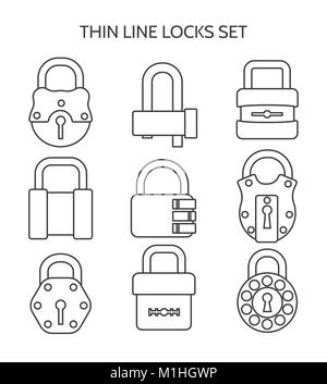 Thin line locks. Outline or linear lock icon set isolated on white background, vector illustration Stock Vector
