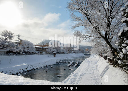 Japan, Takayama city in the earling morning, winter season, with clear blue sky. Stock Photo