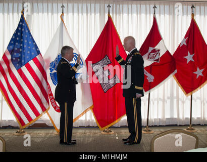 Lt. Gen. Todd T. Semonite (left), Commanding general of the U.S. Army Corps of Engineers administers the Army Officer’s Oath of Office to Brig. Gen. Paul E. Owen in a ceremony today in Dallas, Texas. Stock Photo