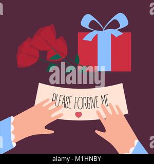 Woman fingers are holding note with please forgive me text. Roses and surprise gift box. Female with letter. Apology and excuse of a man. Vector illus Stock Vector