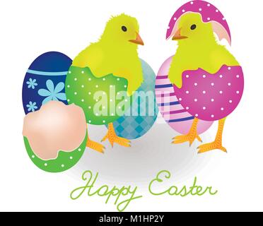Two chicken coming from Easter eggs, vector Stock Vector