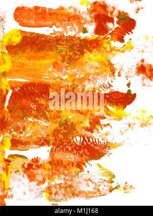 Abstract patches of red, orange and yellow paint on white paper background Stock Photo