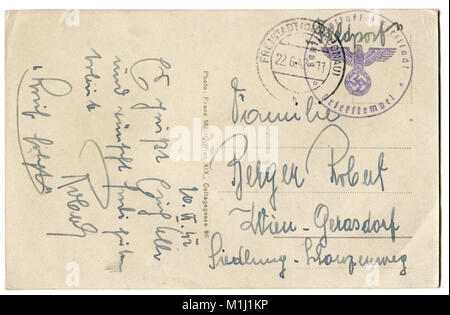 Old German postal Lettercard, written in blue ink. The second world war. The third Reich. Germany. Field post. 22 june 1942, ww2 Stock Photo