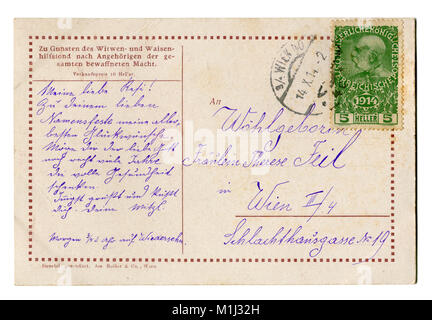Back of Old Austrian world war one postcard with stamp (M1J33G) letter of a soldier,  written in purple ink, 1914, ww1 Stock Photo