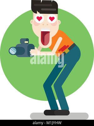Creative photographer in love standing full length. Flat illustration Stock Vector