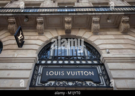 BORDEAUX, FRANCE - DECEMBER 27, 2017: Louis Vuitton Logo on their local shop in Bordeaux.  Louis Vuitton is a fashion house manufacturer and luxury re Stock Photo