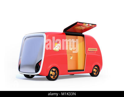 Self-driving pizza delivery van isolated on white background. Last one mile concept. 3D rendering image. Stock Photo