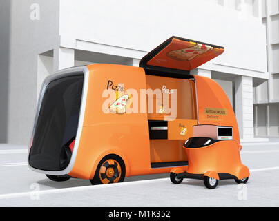 Self-driving pizza delivery van and drone in the street. Last one mile concept. 3D rendering image. Stock Photo
