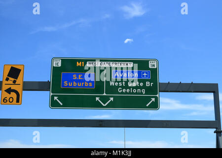 Melbourne road sign to West Gate Freeway, South Eastern suburbs, Avalon airport, West Gate Bridge and Geelong Stock Photo