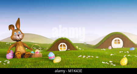 A cute Easter bunny surrounded by easter eggs. Stock Photo